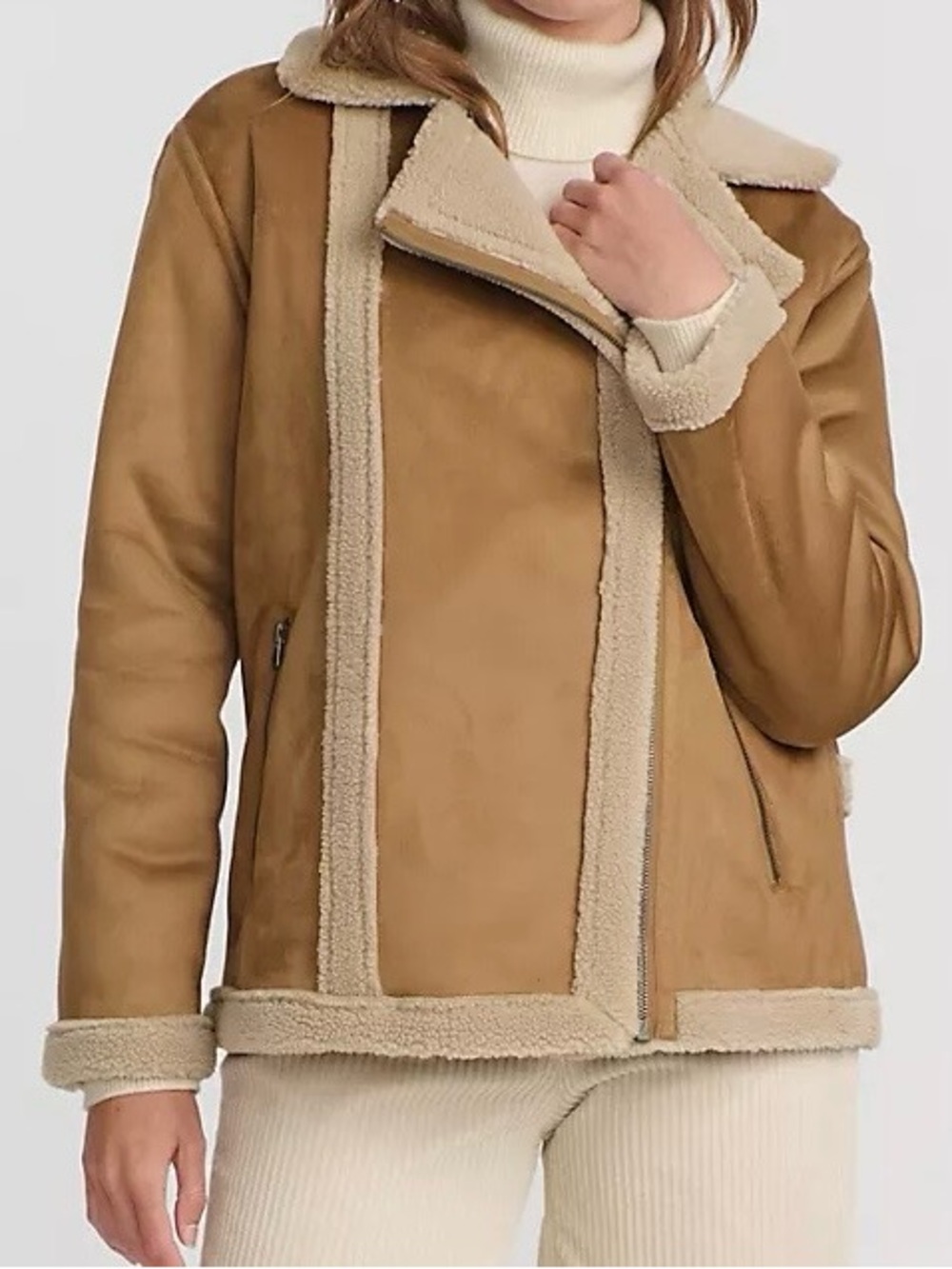 Lands' End Tan Shearling-Trim Leather Jacket